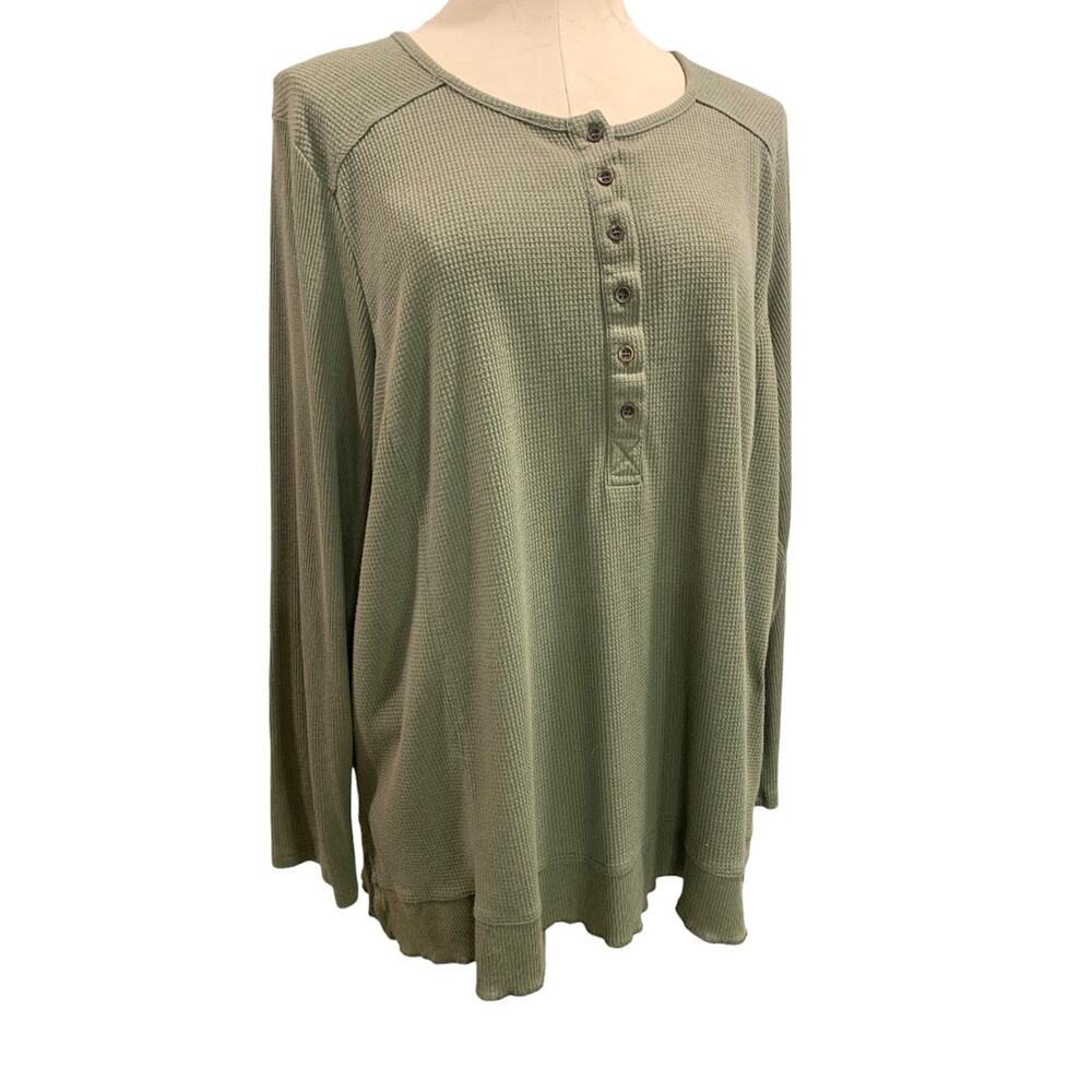 22/24 Avenue Womens Thermal Henley Shirt Olive Green Lightweight